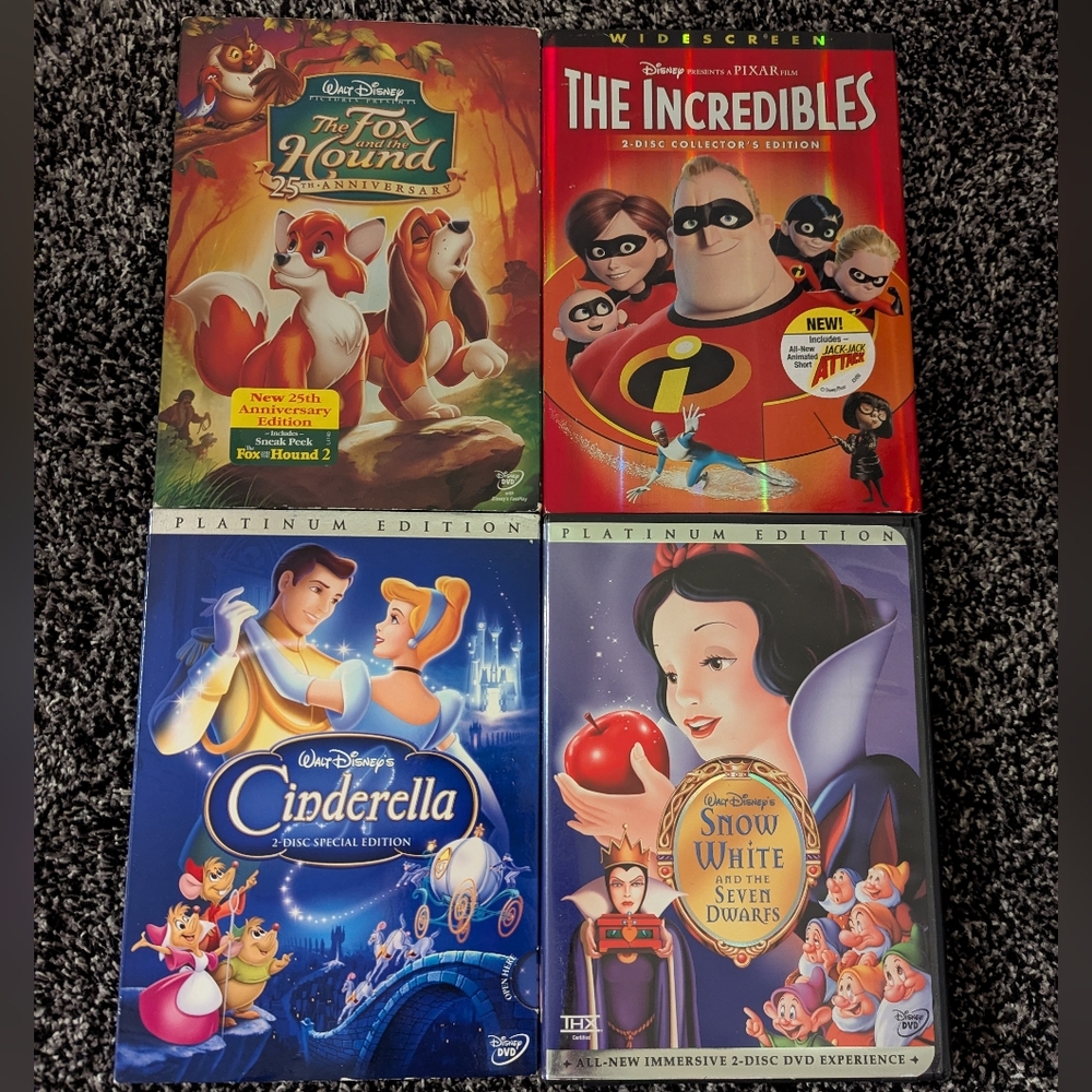 4 Disney DVDs, The Fox And The Hound, The Incredibles, Cinderella, Snow White